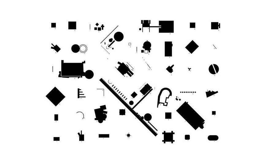 monochrome image showcasing a variety of geometric shapes and objects in an abstract arrangement