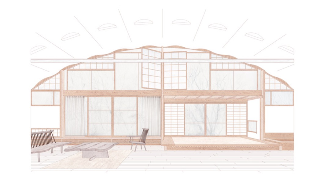 Architectural drawing of the interior of a room, with many wooden-framed windows. 