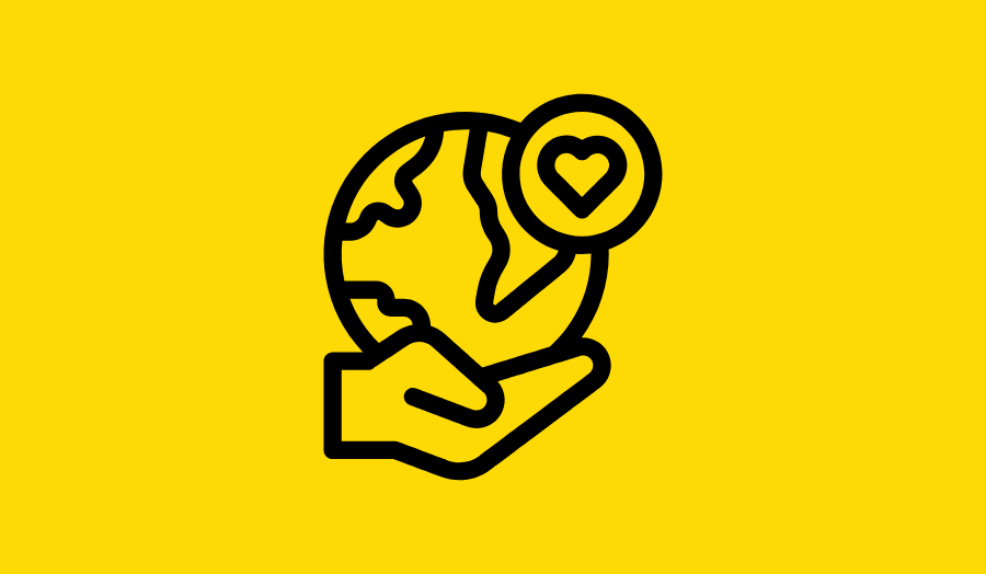 Icon of a hand holding the globe with a heart above on a yellow background