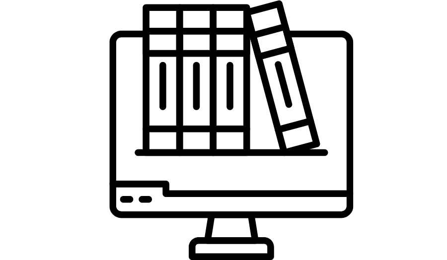 A drawing of a computer with four books inside the screen. 