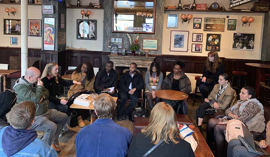 journalism students and lecturers inside the Boogaloo pub, Highgate. 
