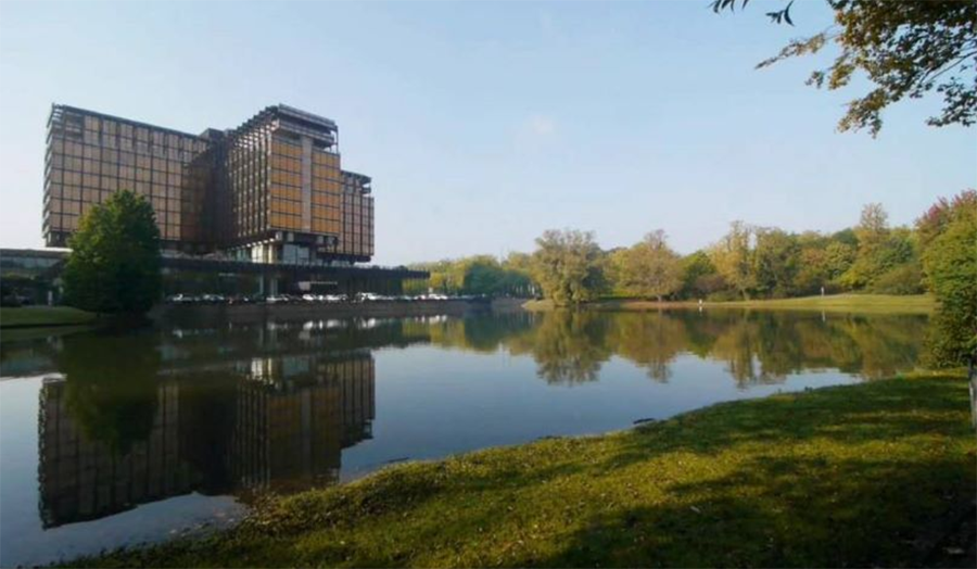 A photograph of the Royale Belge building, Brussels, from across a lake