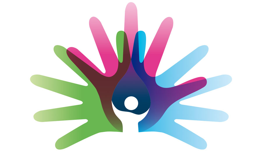 A graphic logo in the shape of several hands in green, pink, blue and purple