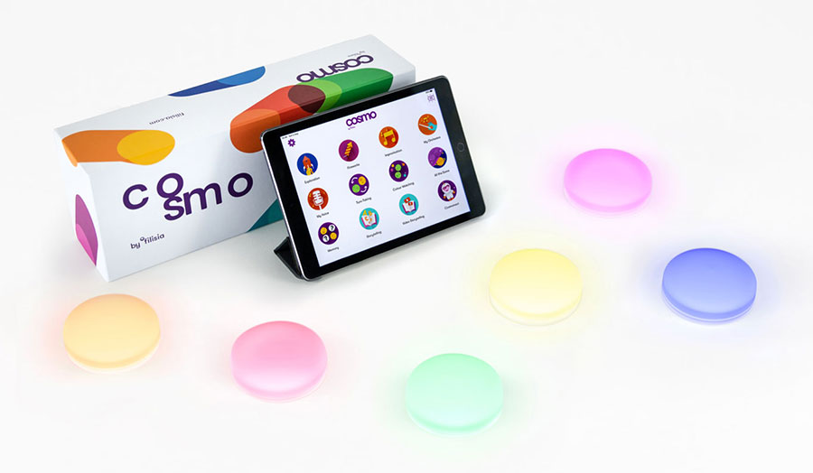 A tablet screen displays several multicoloured icons