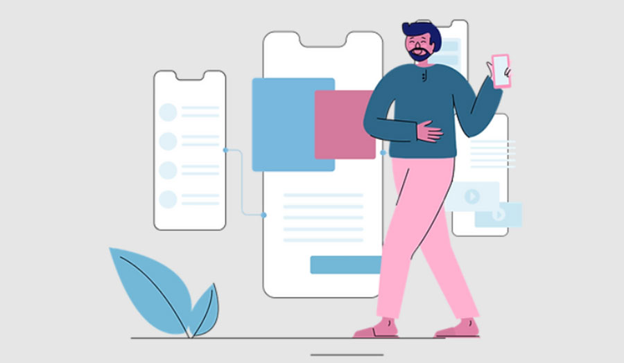 A cartoon of someone holding a phone in front of illustrated phone app layouts