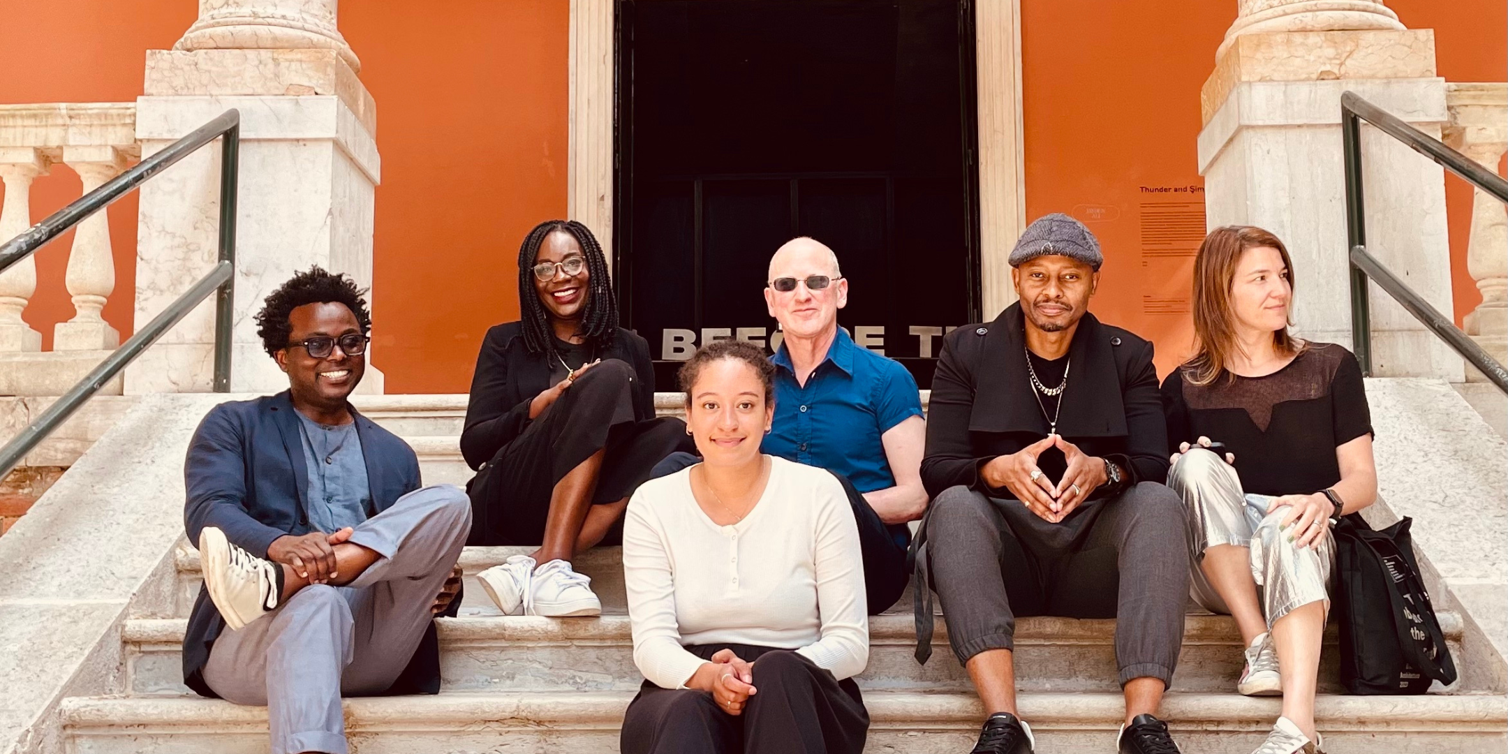 Project team and guest speakers on the steps of the British Pavilion after Dialogue 3 in Venice, 30 