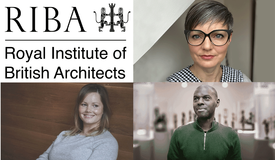 A collage of RIBA logo and profile pictures of 3 academics