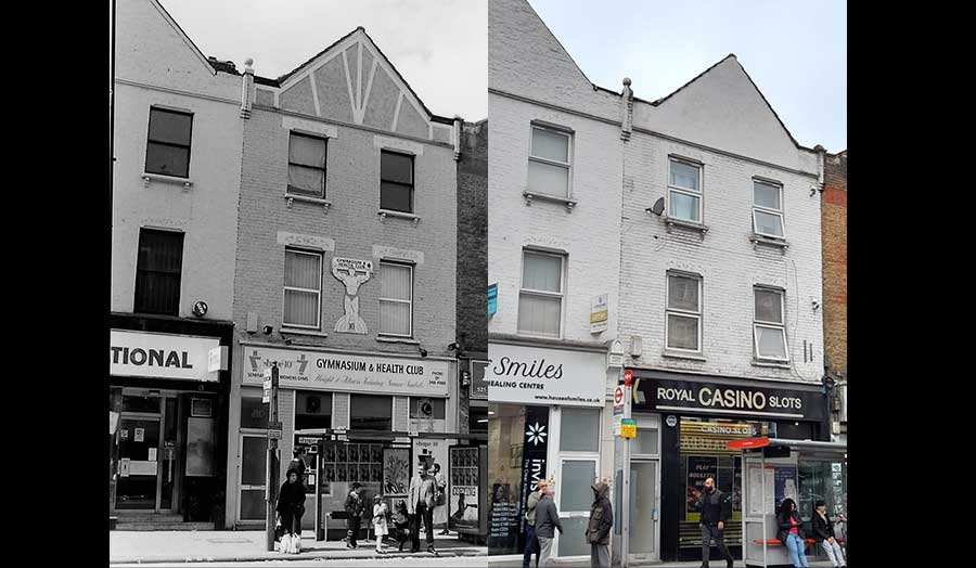 Two photos shows a change in businesses on Green Lanes from the 1980s to the 2020s