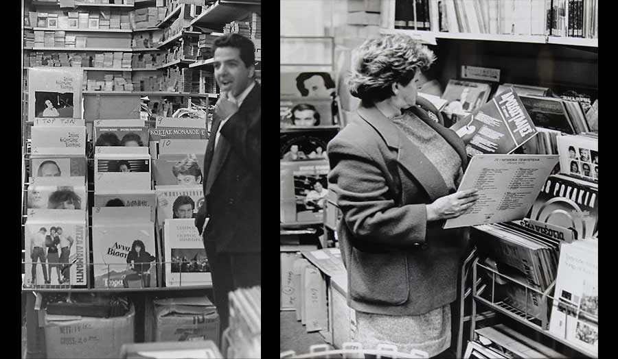 Two photos of a man and woman in a music shop, looking at records