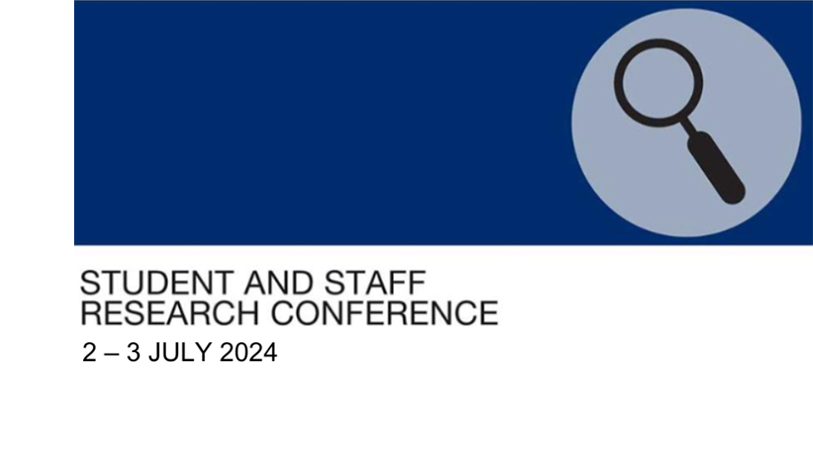 Conference logo - magnifying glass on a navy background with title and date of the conference